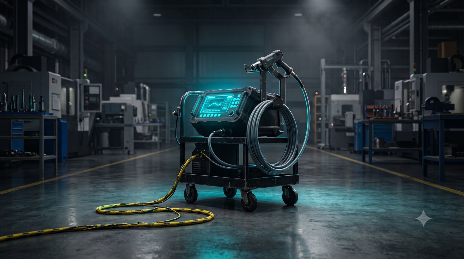 Mobile laser cleaning unit deployed on a workshop floor